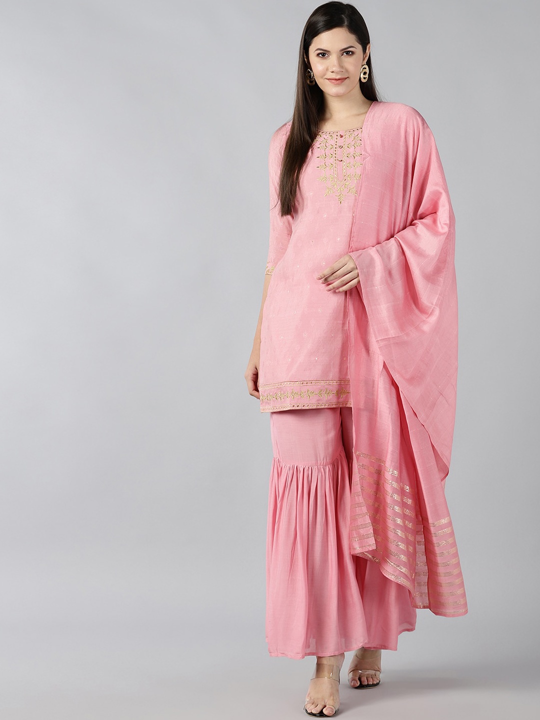 

Bani Women Pink Yoke Design Chanderi Cotton Kurti with Sharara & With Dupatta
