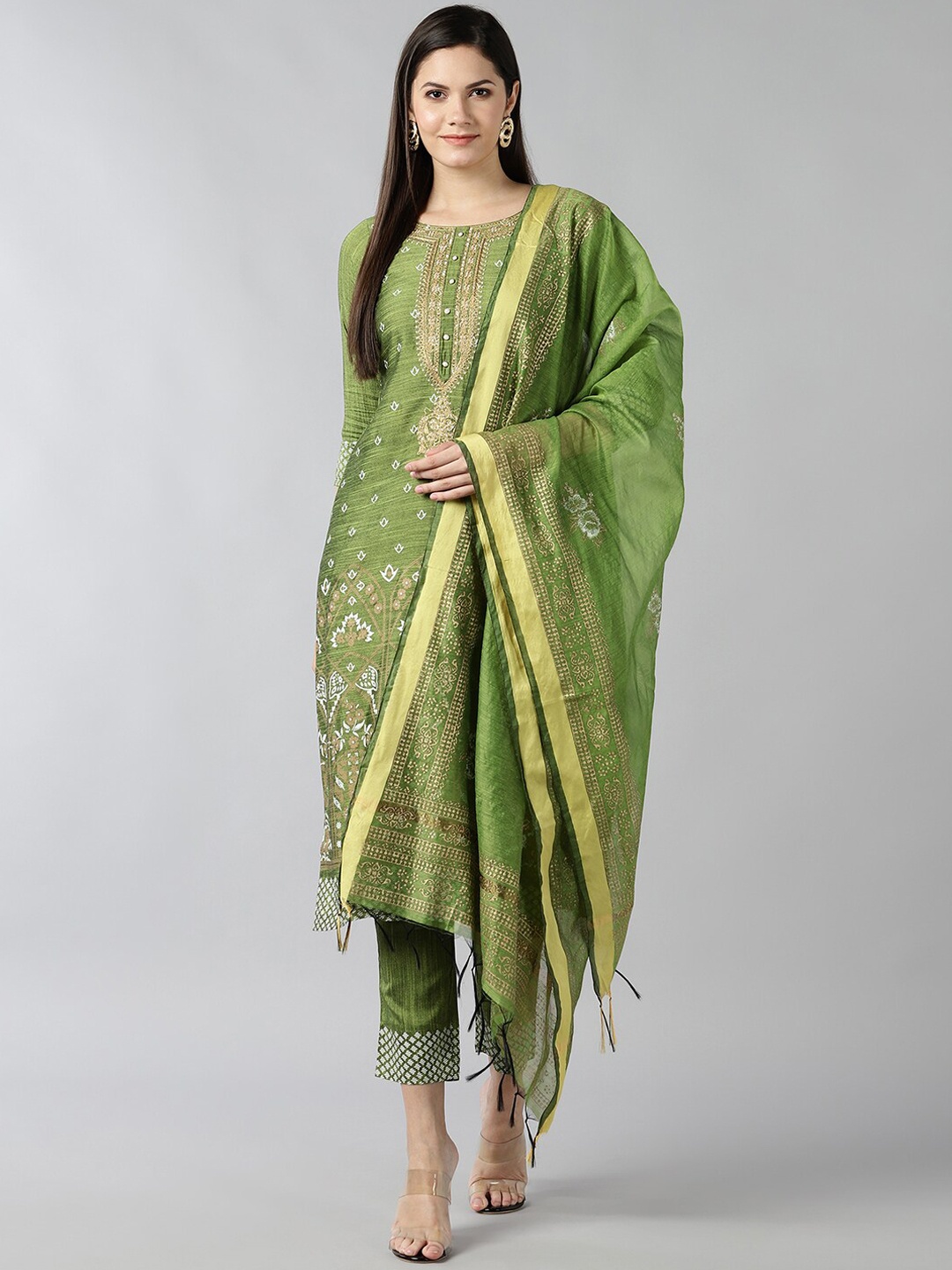 

Bani Women Green Ethnic Motifs Layered Kurta with Trousers & With Dupatta