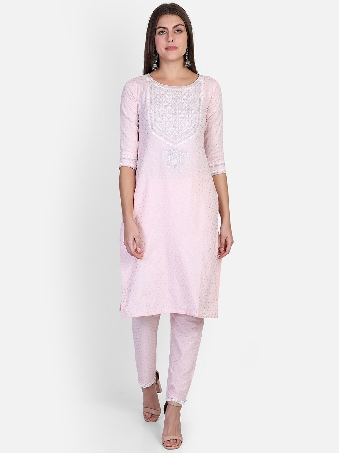 

Bani Women Pink Ethnic Motifs Embroidered Liva Kurta Trousers With Dupatta