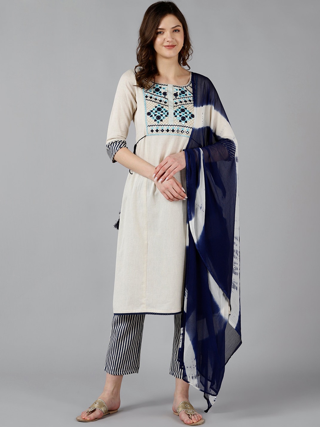 

Bani Women Cream-Coloured Ethnic Motifs Yoke Design Empire Liva Kurta with Trousers & With Dupatta