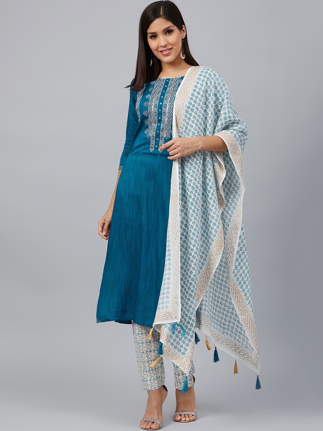 

Bani Women Blue Yoke Design Pleated Liva Kurti with Trousers & With Dupatta