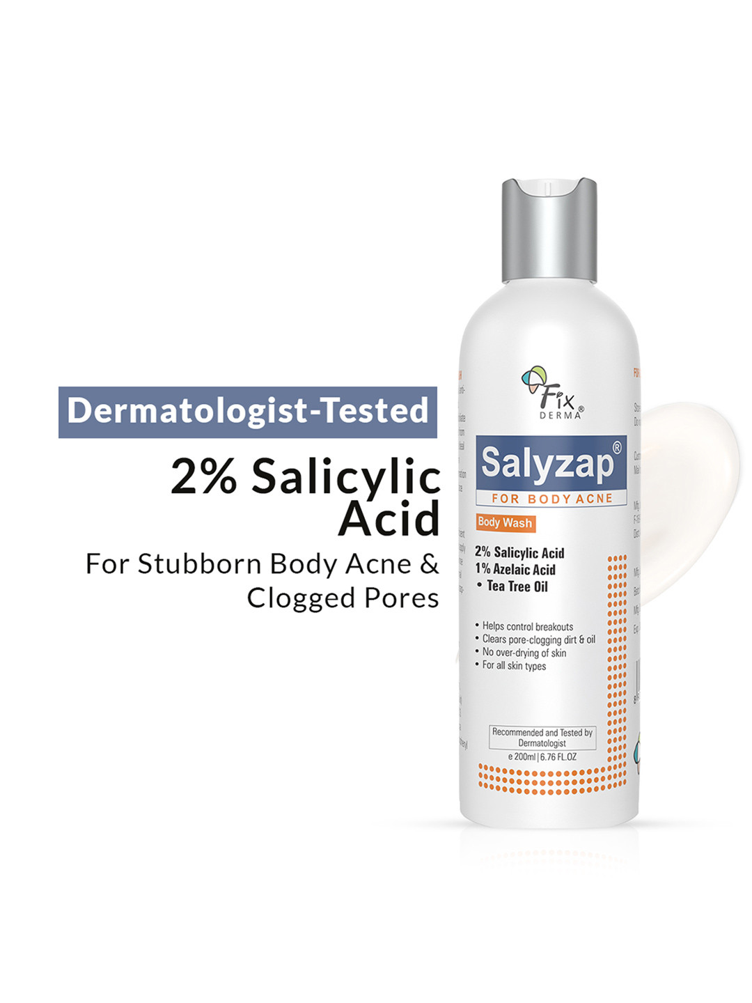 FIXDERMA 2% Salicylic Acid Salyzap Body Wash For Acne on Back Shoulders Arms -200ml