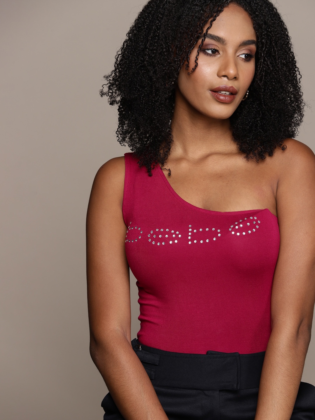 

bebe Persian Red Season Staples Brand Logo Embellished One Shoulder Top