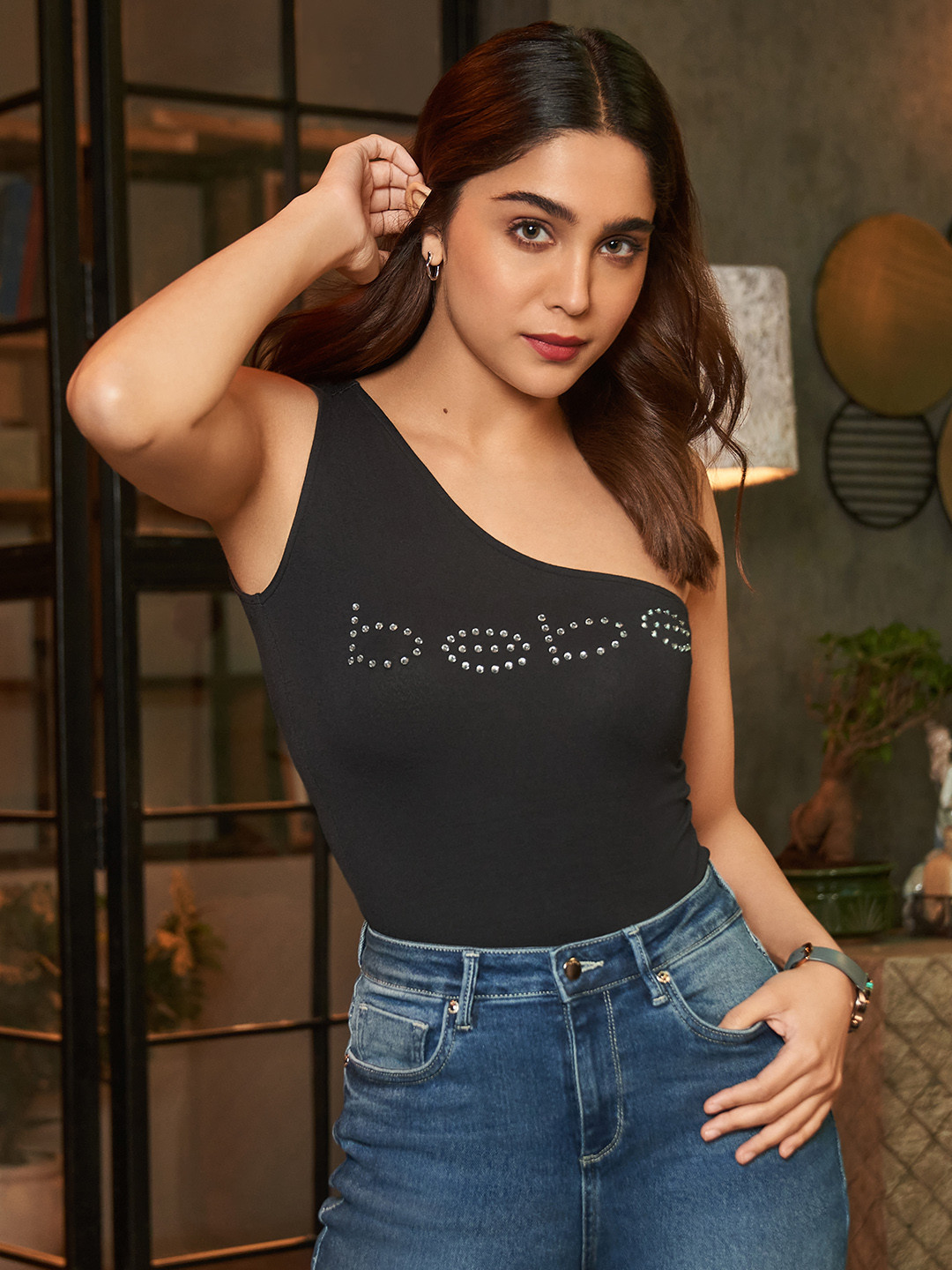 

bebe Black Essential One Shoulder Brand Logo Embellished Top