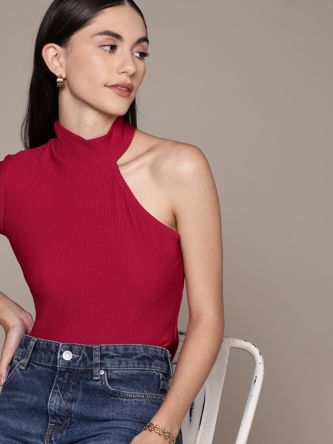 

bebe Persian Red Season Staple Textured Effect High Neck Top