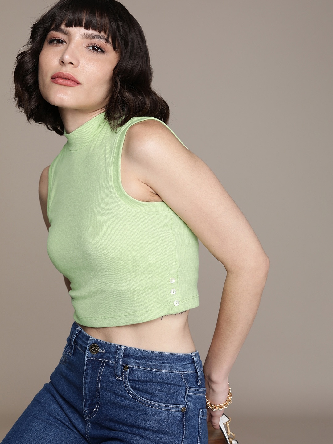 

bebe Womne Lily Green Brand Logo Printed Crop Top With Beads Detailing