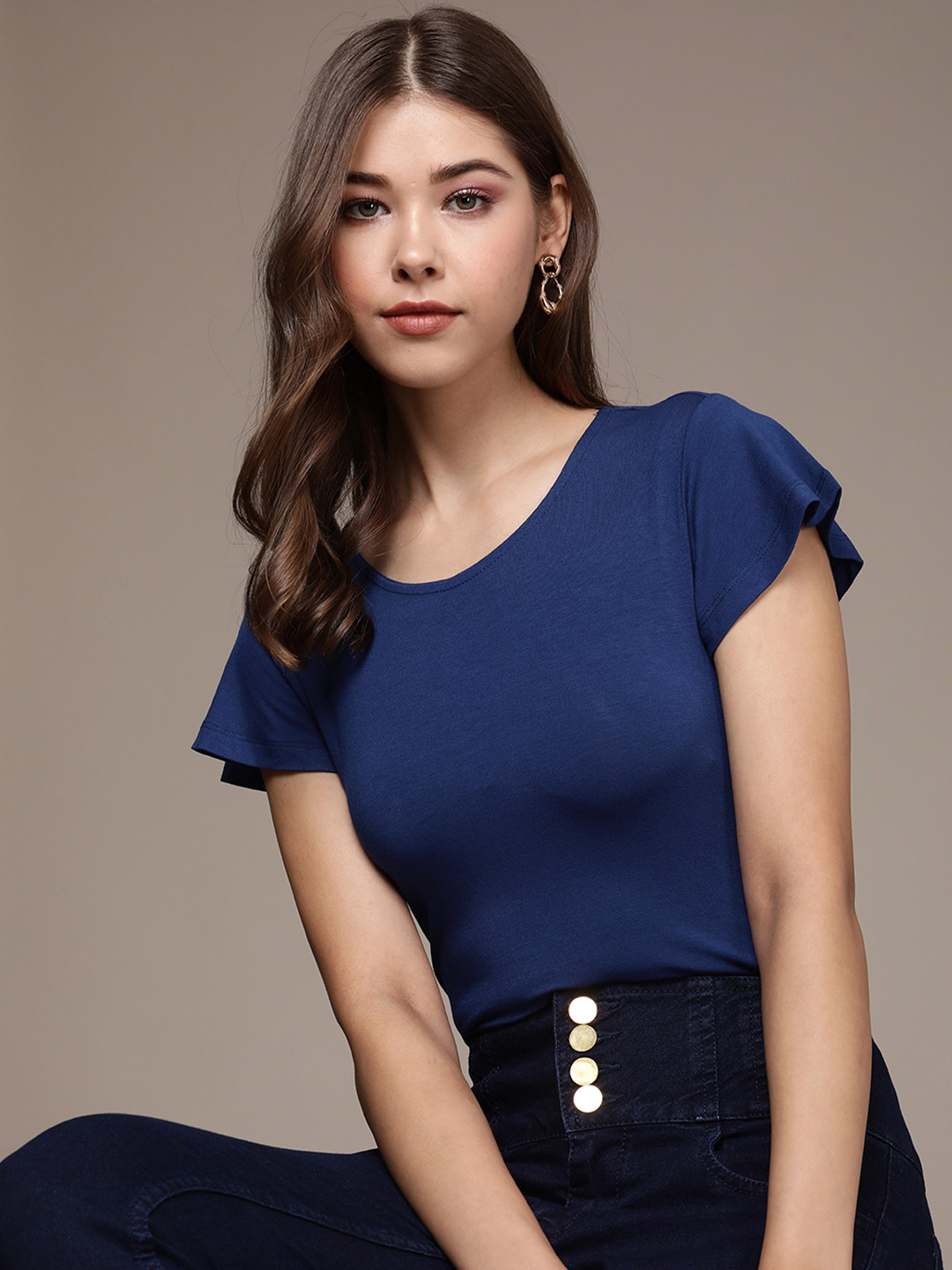 

bebe Women Daylight Blue Essential Solid Flutter Sleeves Top Top