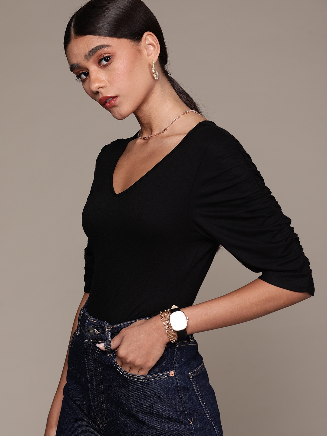 

bebe Women Midnight Black AM-PM Solid Puff Sleeves Regular Top