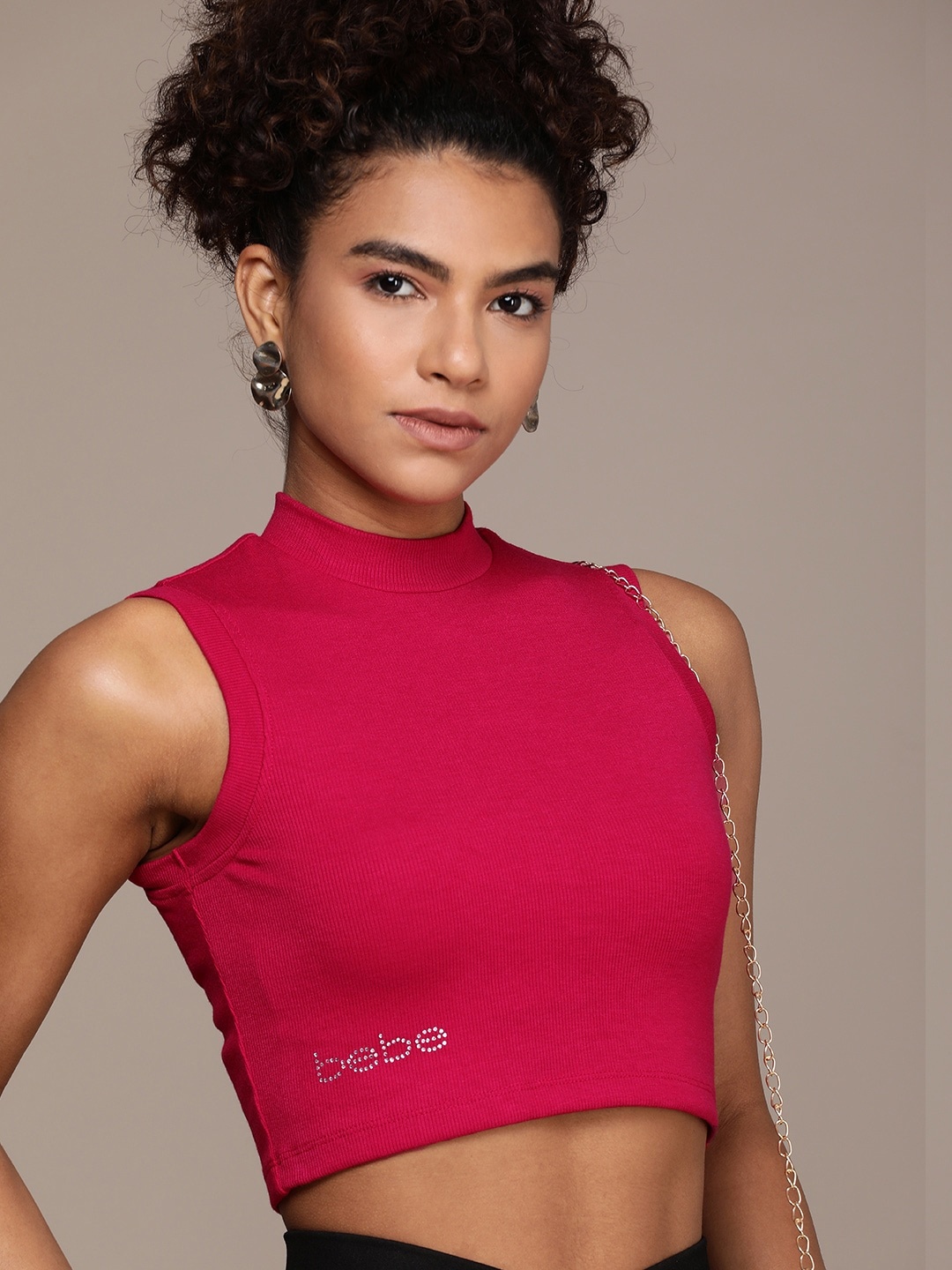 

bebe Solid High Neck Crop Top With Embellished Brand Logo Detail, Pink