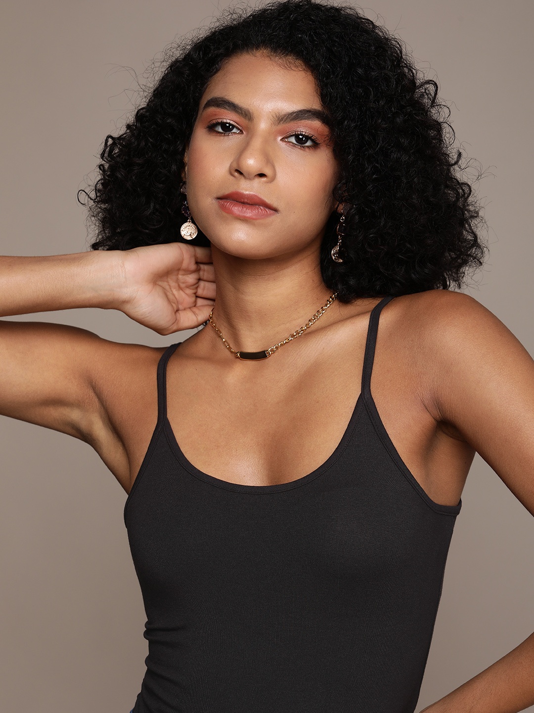 

bebe Women Black EssentialSolid Shoulder Strap Top