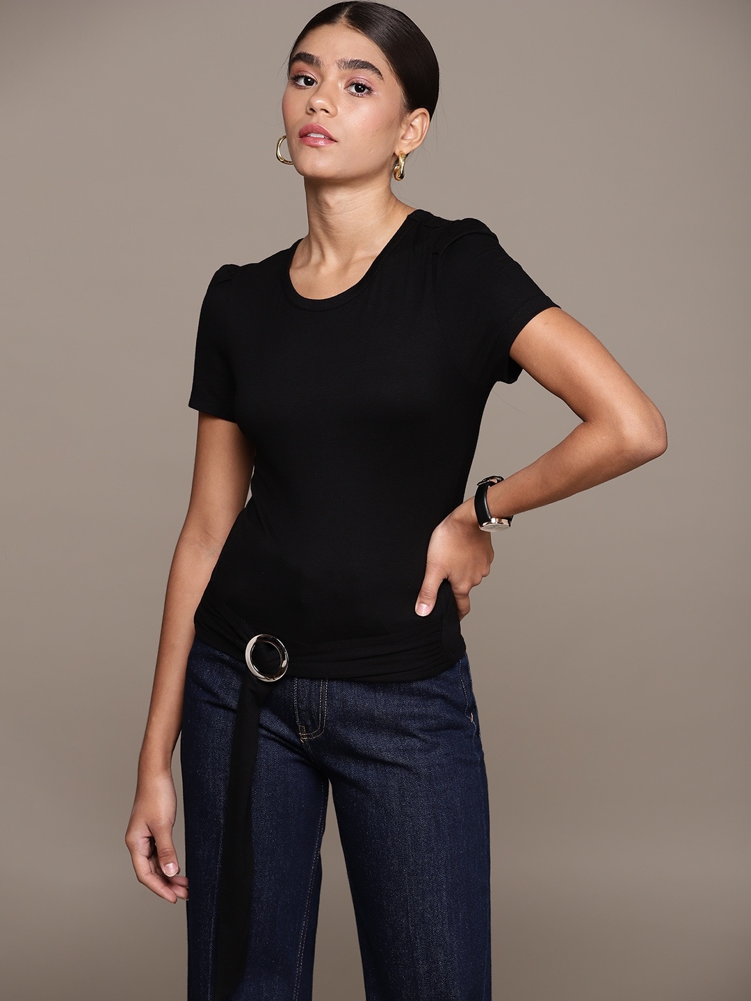 

bebe Women Black AM-PM Solid Belted Detail Regular Top