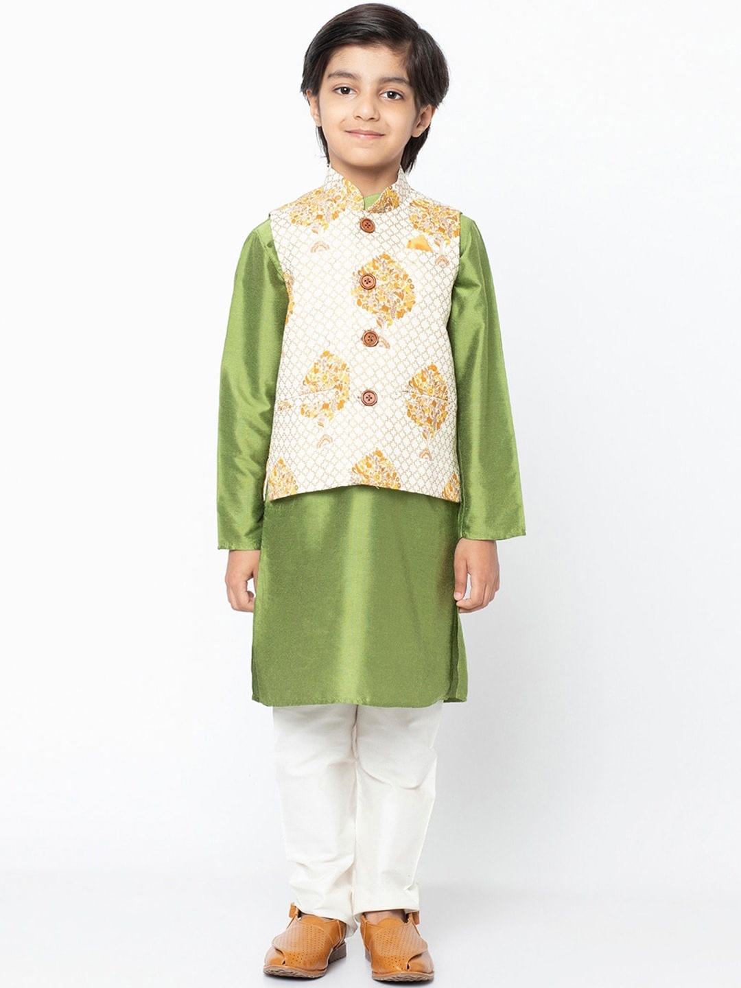 

KISAH Boys Green Ethnic Motifs Kurta with Pyjamas & Jacket