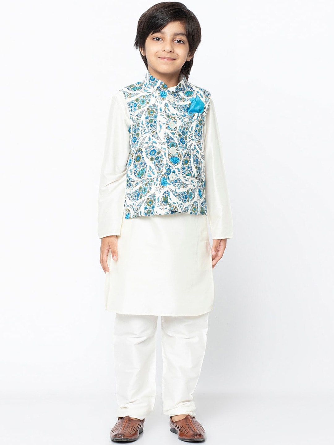 

KISAH Boys White Floral Kurta with Pyjamas & Jacket