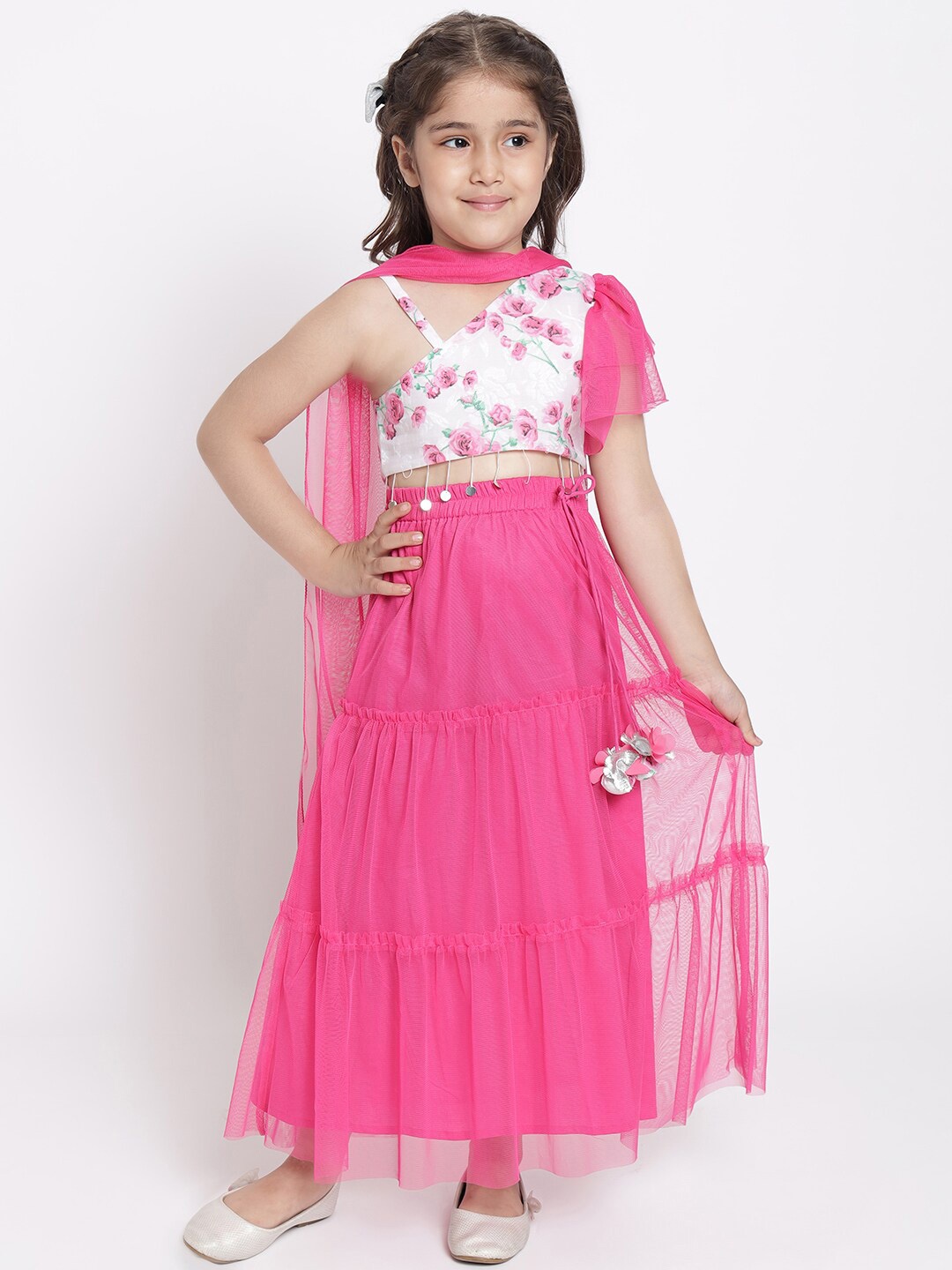 

Nauti Nati Girls Pink & White Printed Ready to Wear Lehenga & Blouse With Dupatta