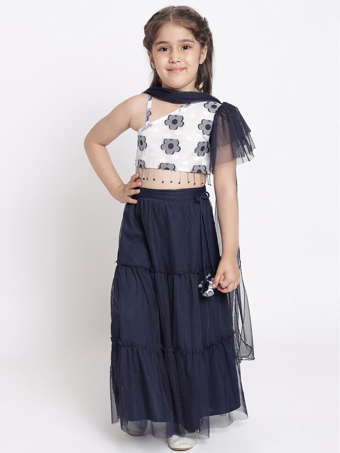 

Nauti Nati Girls Navy Blue & White Ready to Wear Lehenga & Blouse With Dupatta