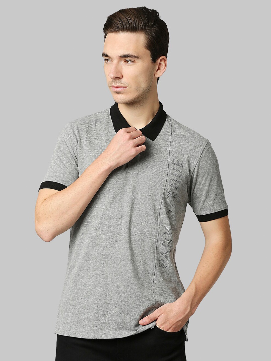 

Park Avenue Men Grey & Black Brand Logo Printed Polo Collar Slim Fit T-shirt