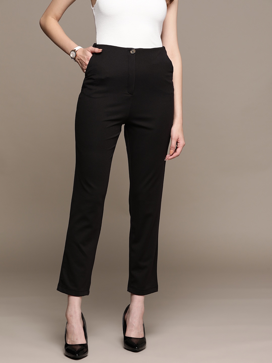 

bebe Women Black Solid Regular Mid-Rise Formal Trousers