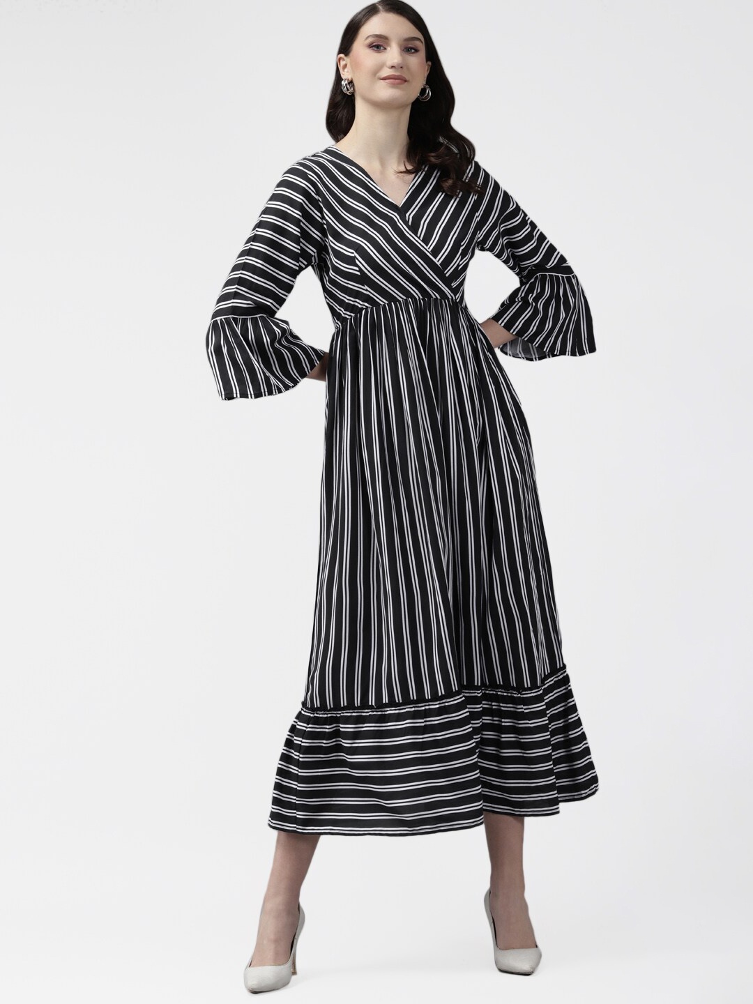 

The Dry State Women Black Striped Wrap Midi Dress