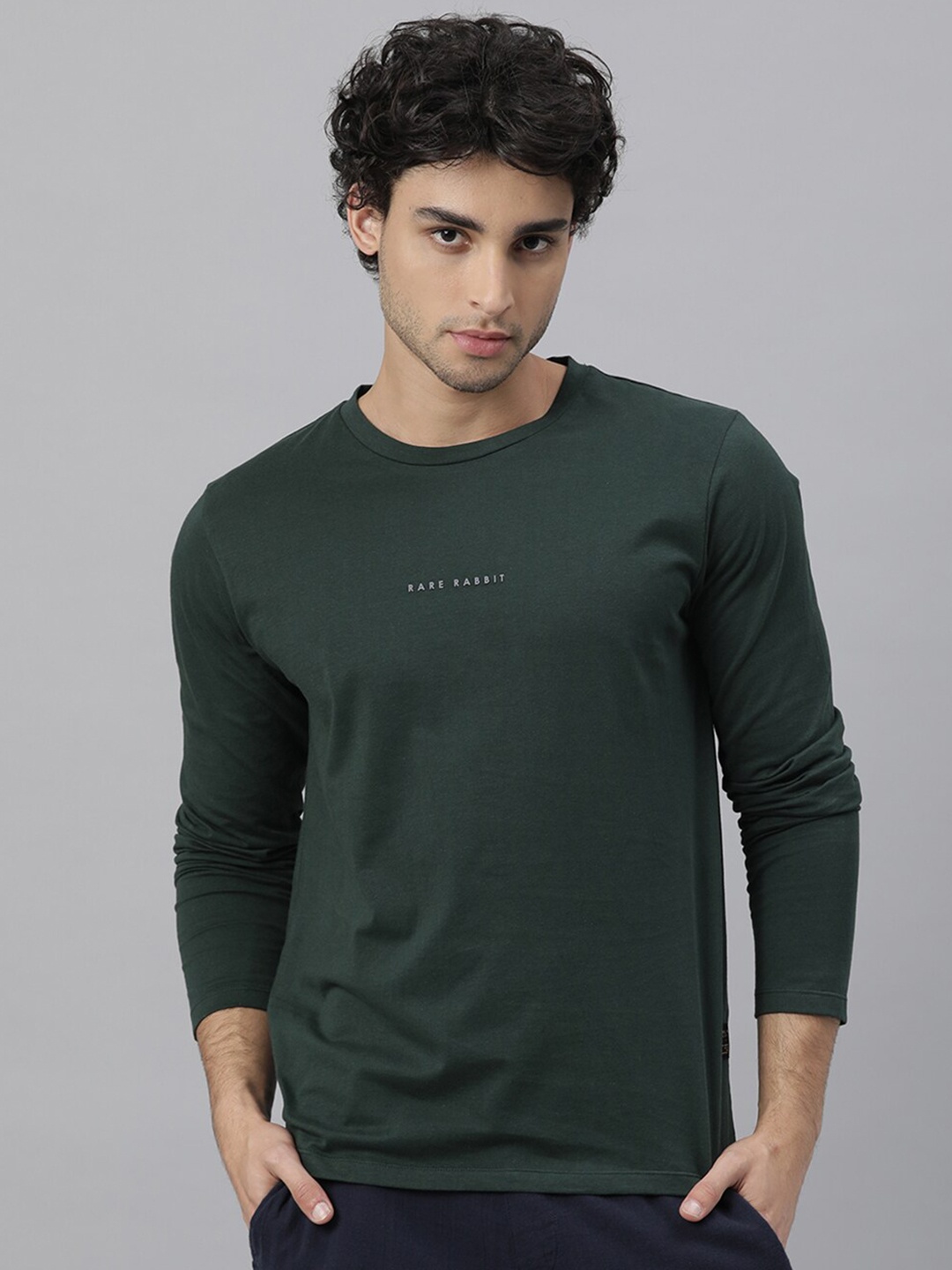 

RARE RABBIT Men Rabbit Ls Pure Cotton Slim Fit T-Shirt, Green