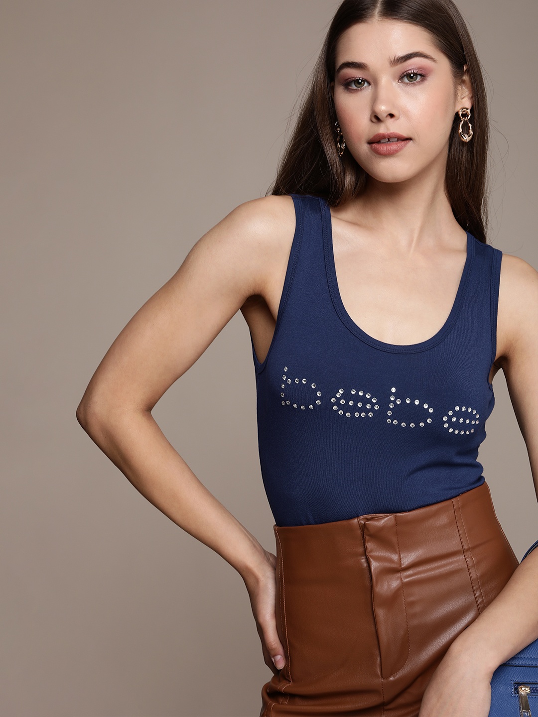 

bebe Women Daylight Blue Essential Beads and stones Sleeveless Casual T-shirt