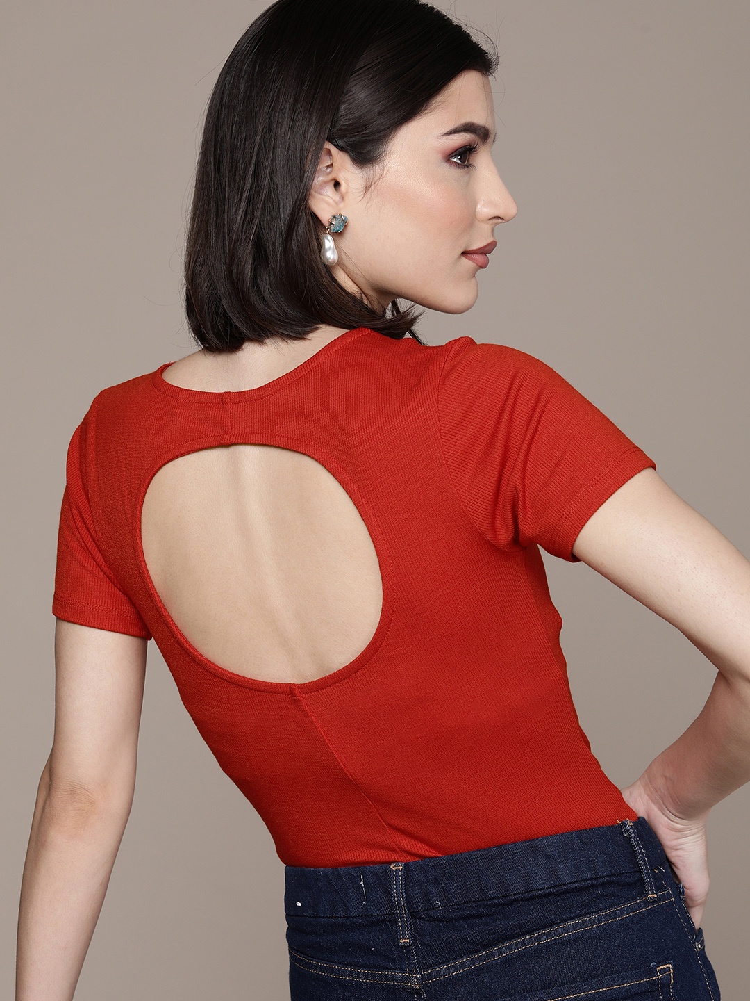

bebe Women Fire Whirl Essential Self Designed Slim Fit Casual T-shirt, Red