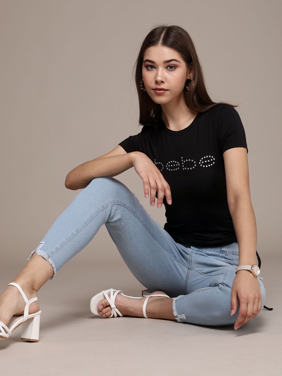 

bebe Women Black Essential Brand Logo Printed Casual T-shirt With Beads And Knotted Detail