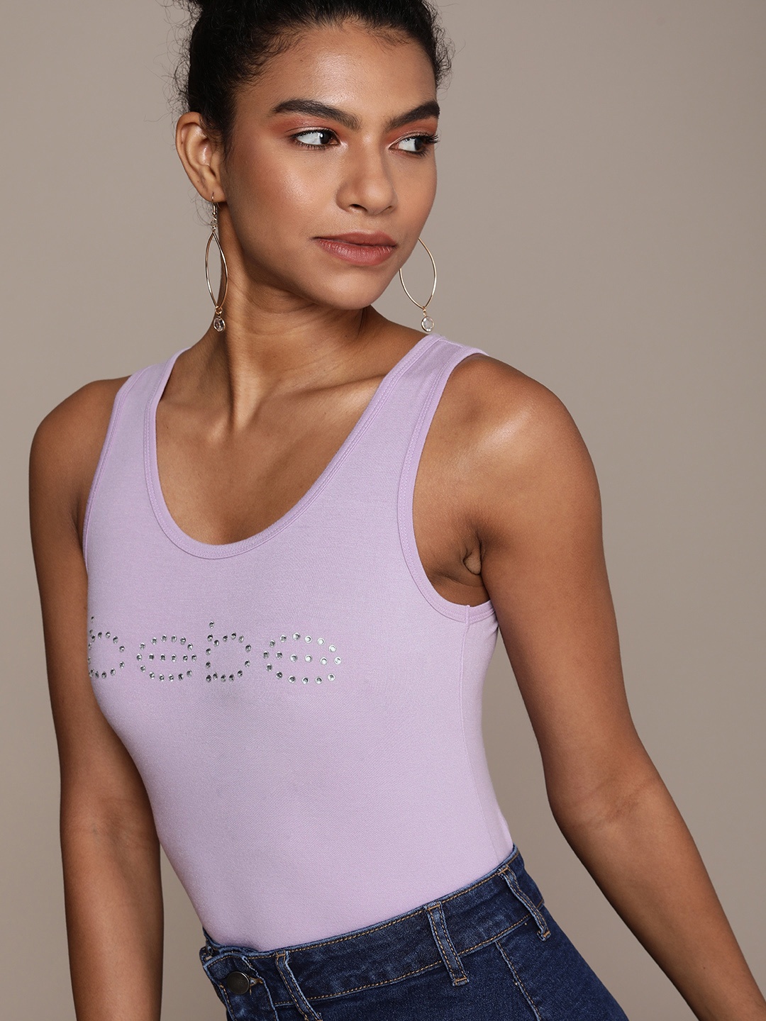 

bebe Women Lavender Frost Essential Brand Logo Embellished T-shirt, Purple