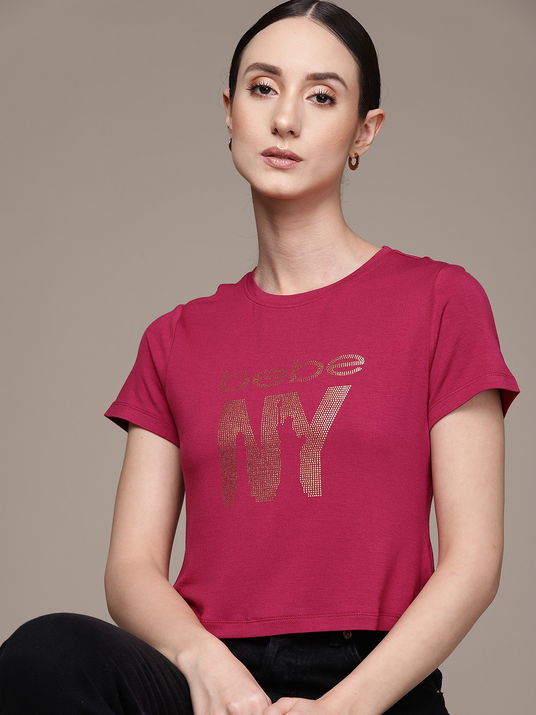 

bebe Women Persian Red Essential Brand Logo Printed T-shirt, Magenta