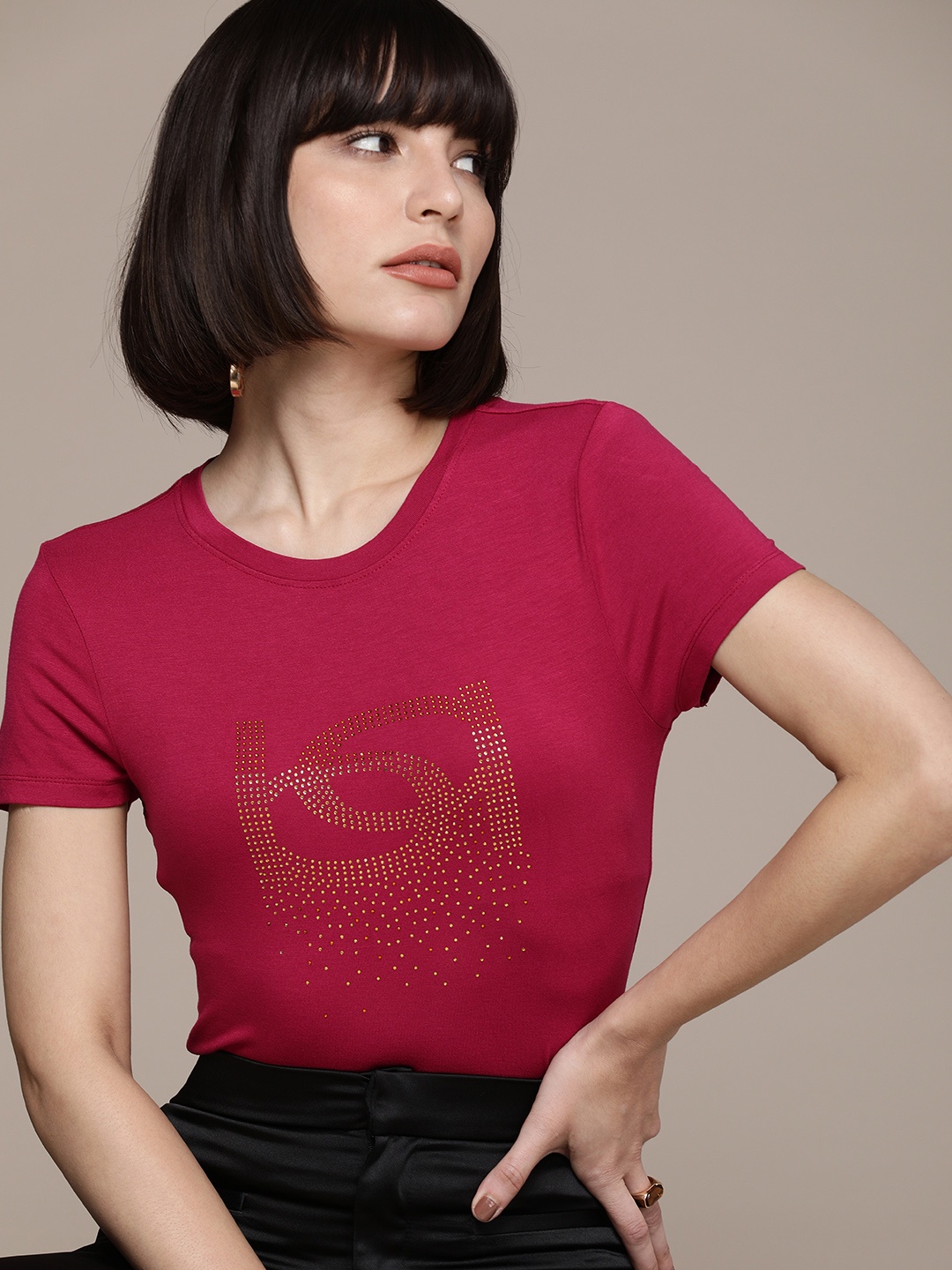 

bebe Women Persian Red Essential Brand Logo Embellished T-shirt, Magenta