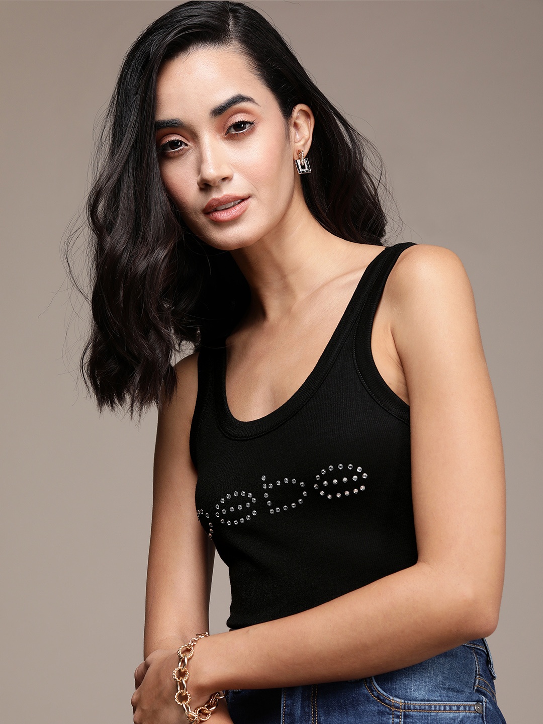 

bebe Women Jet Black Essential Brand Logo Printed Applique Sleeveless T-shirt