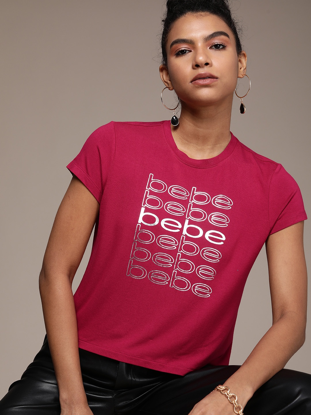 

bebe Women Persian Red & Silver-Toned Essential Typography Printed Slim Fit Casual T-shirt, Maroon