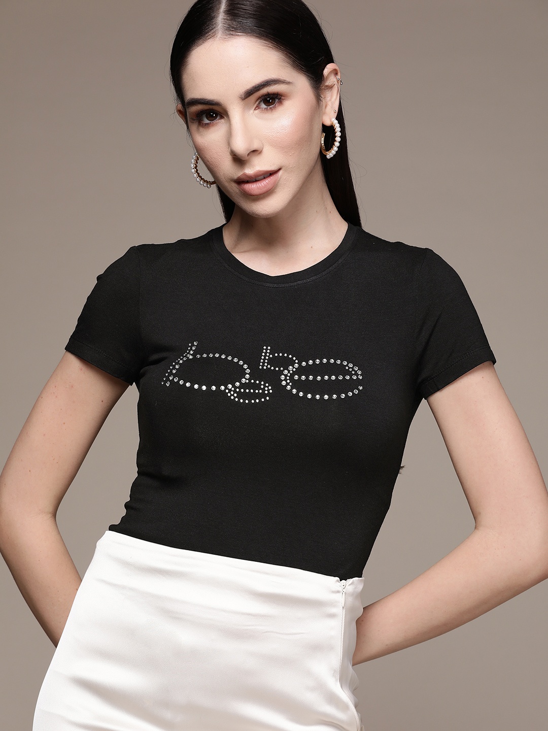 

bebe Women Black Bliss Season Staples Embellished Brand Logo T-shirt
