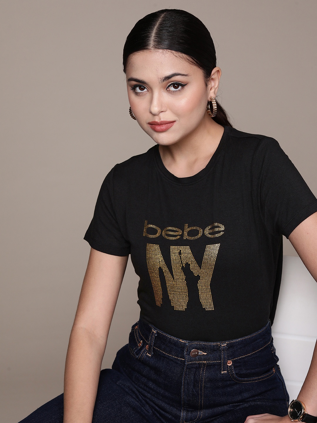 

bebe Women Black Essential Brand Logo Printed T-shirt