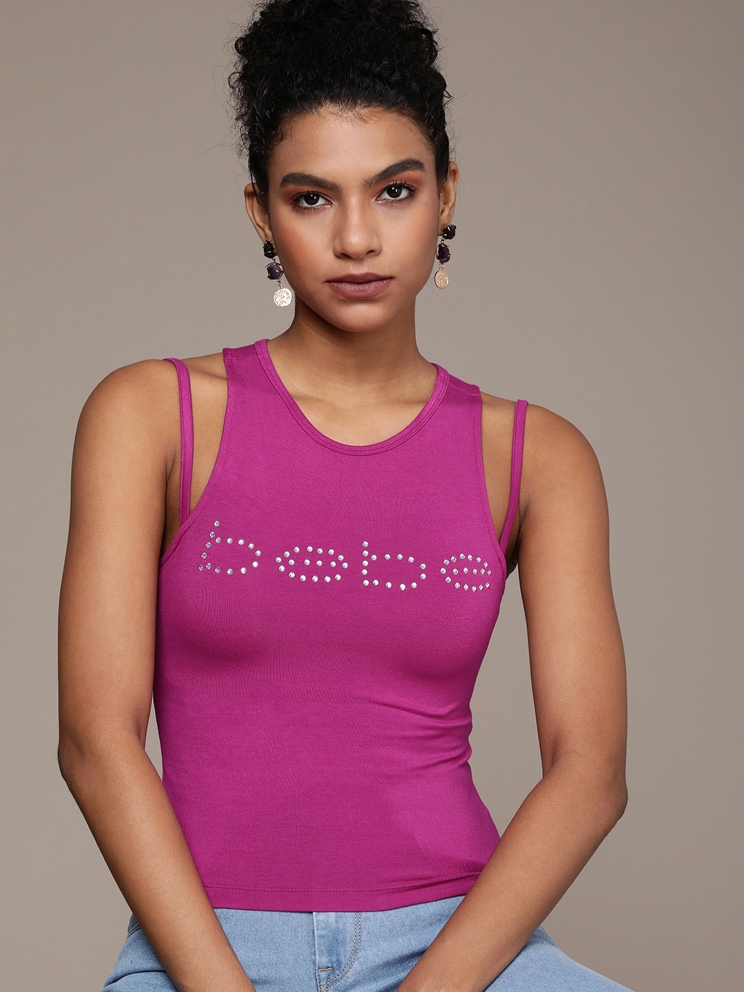 

bebe Women Orchid Flower Essential Pink Brand Logo Embellished T-shirt, Magenta