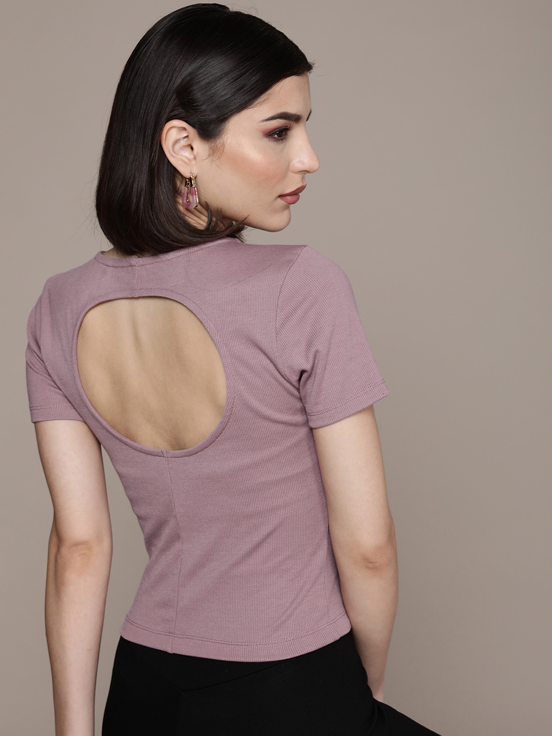 

bebe Women Elder Berry Essential Self Designed Slim Fit Casual T-shirt, Mauve