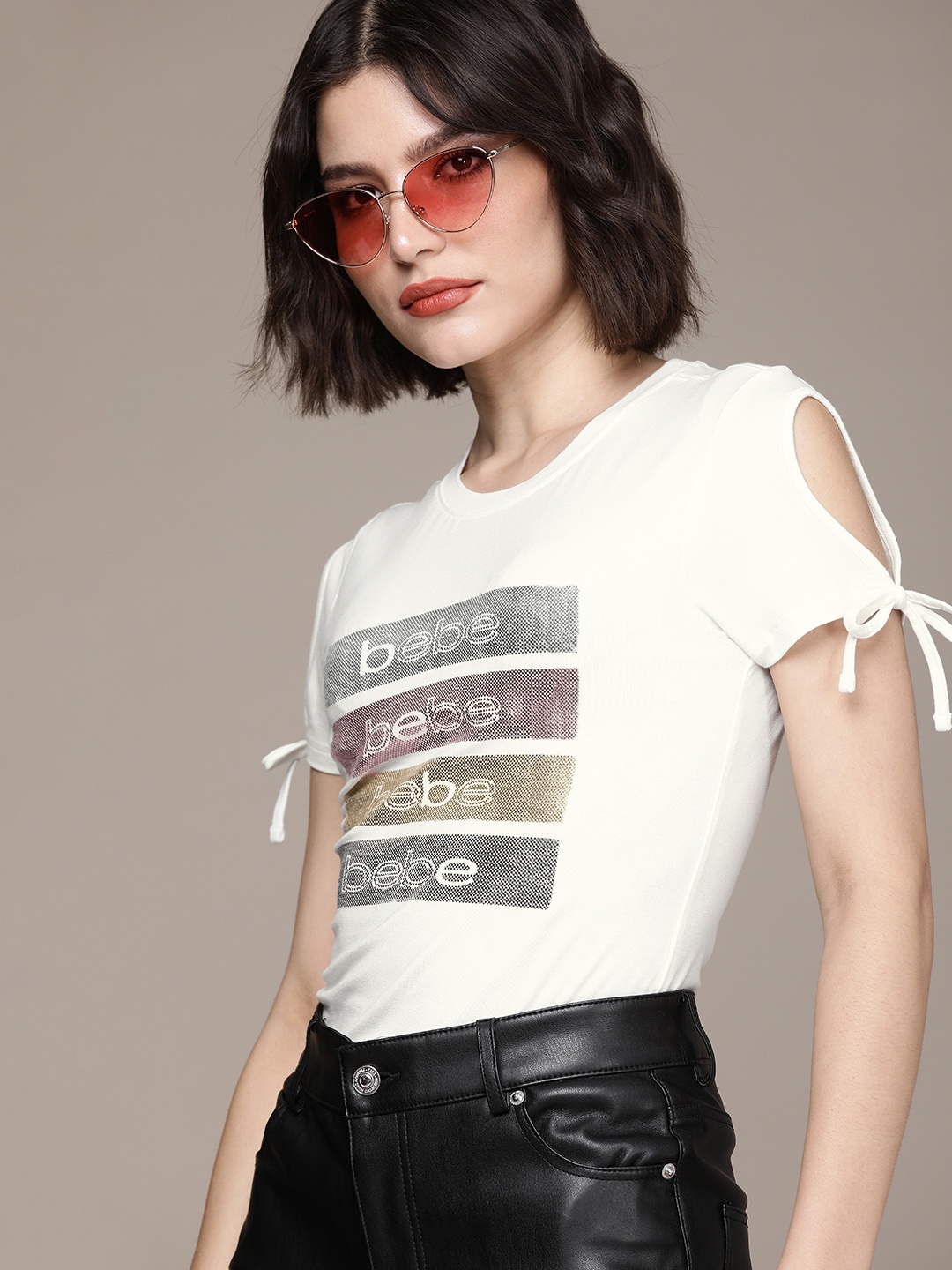 

bebe Women Egret Essential Typography Printed Applique Slim Fit Casual T-shirt, White
