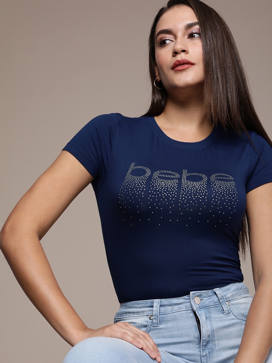 

bebe Women Essential Daylight Blue Season Staple Brand Logo Print T-shirt, Navy blue