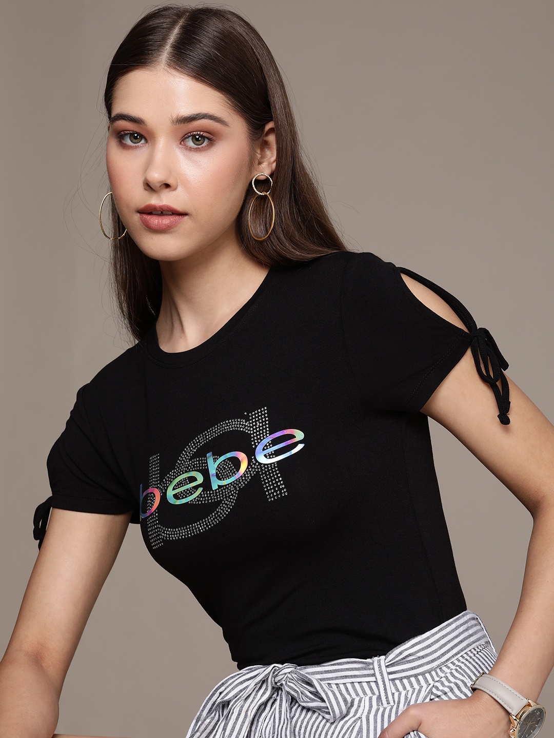 

bebe Women Black Essential Brand Logo Printed T-shirt with Embellishments