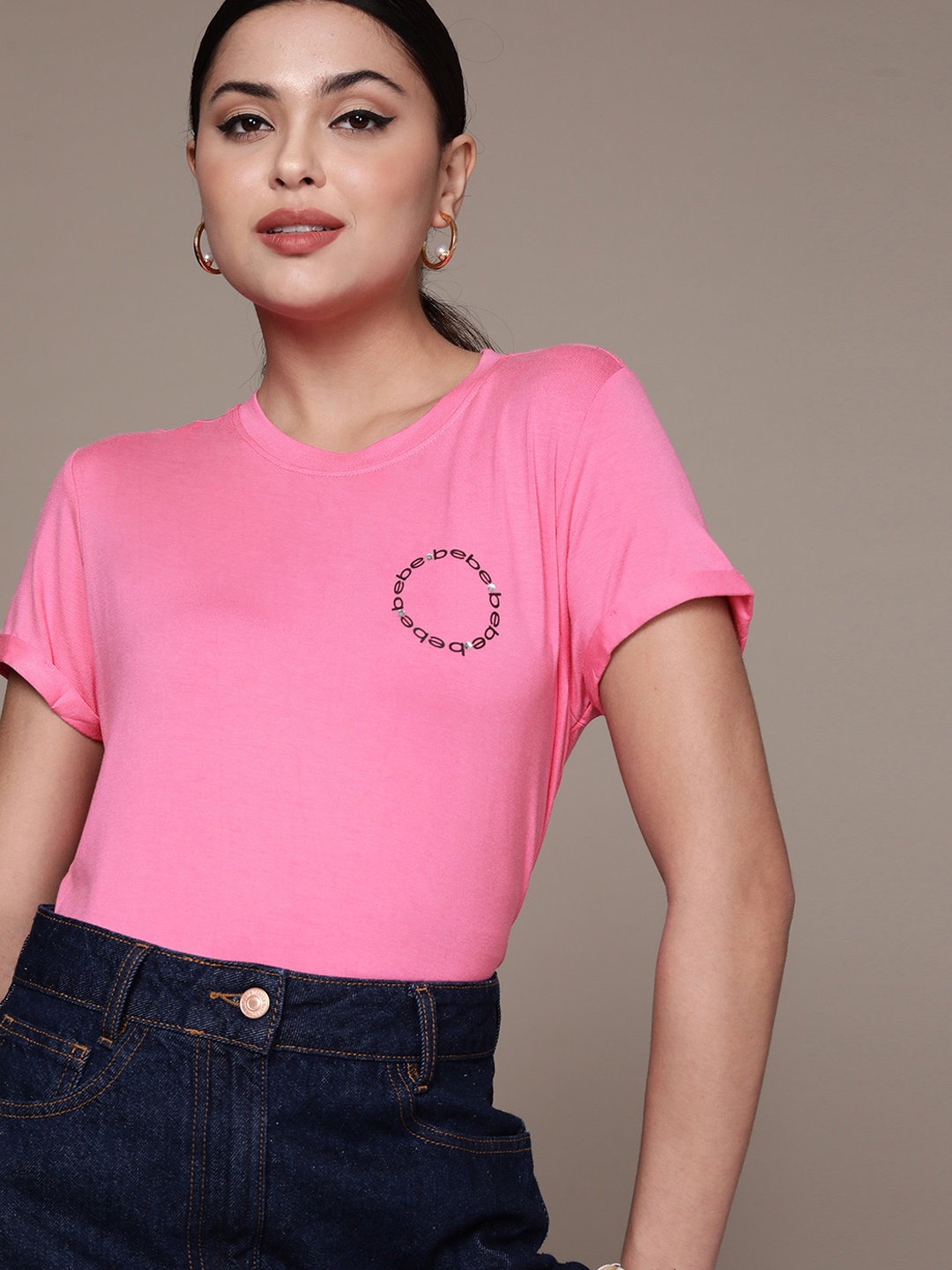 bebe Women Sangria Sunset Season Staple Brand Logo Print T-shirt, Pink