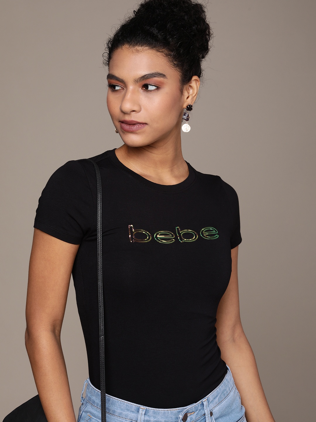 

bebe Women Black Essential Brand Logo Printed T-shirt