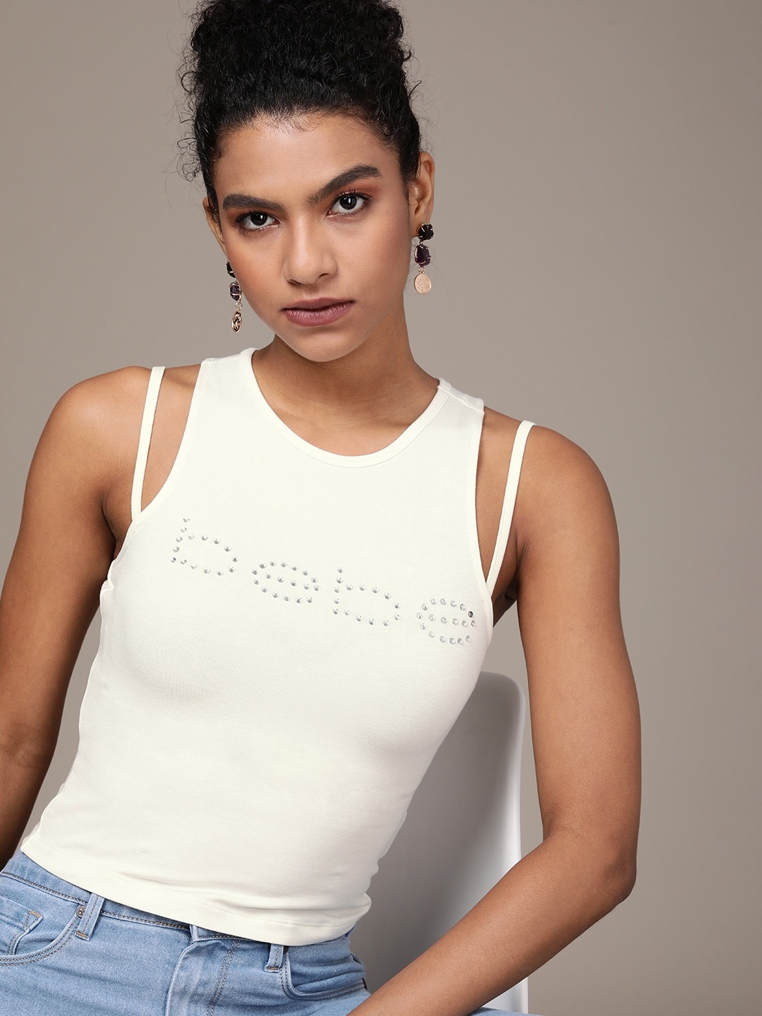 

bebe Women Egret Essential Brand Logo Embellished T-shirt, Off white