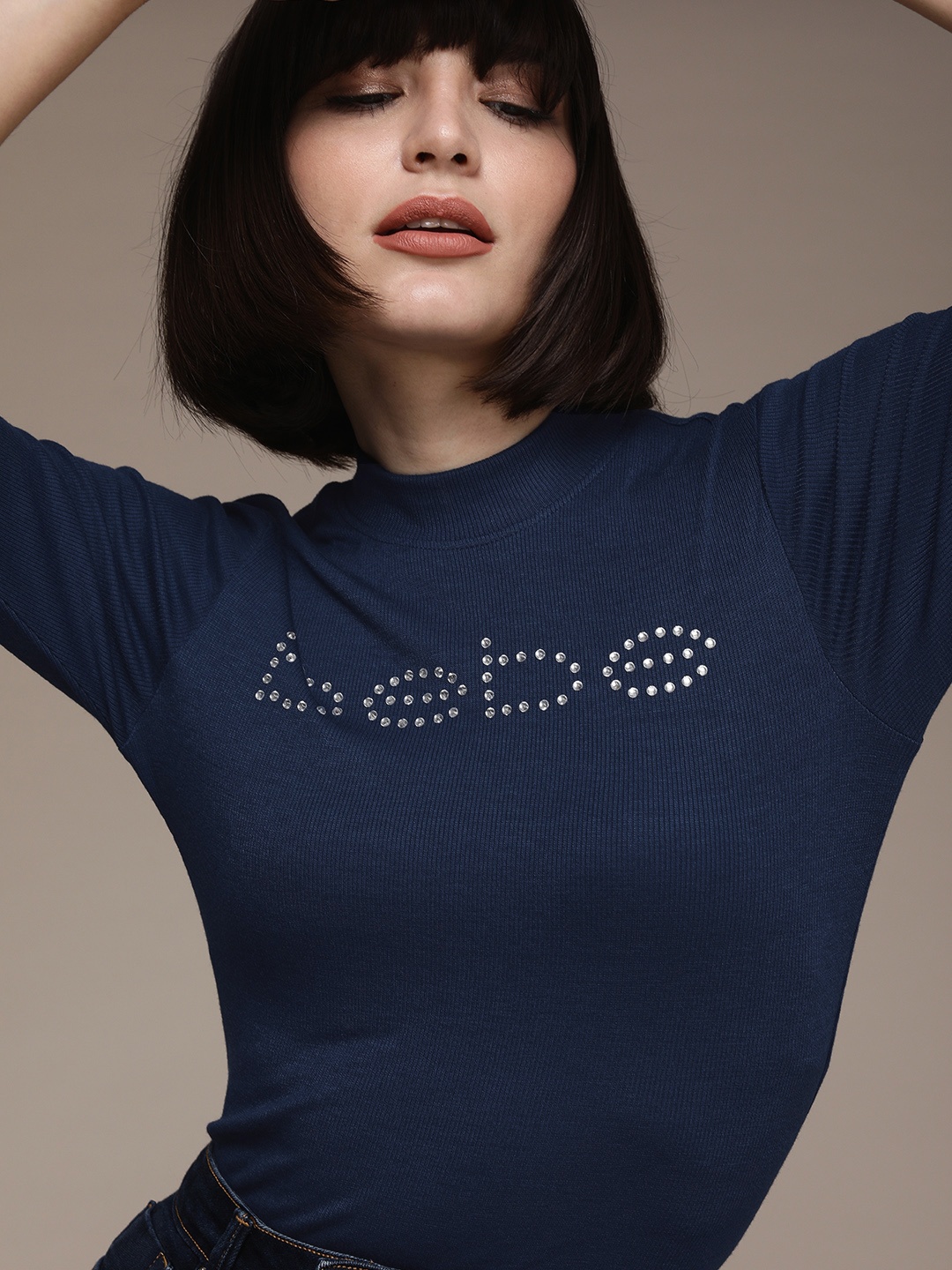 

bebe Women Daylight Blue Essential Self Designed T-shirt, Navy blue