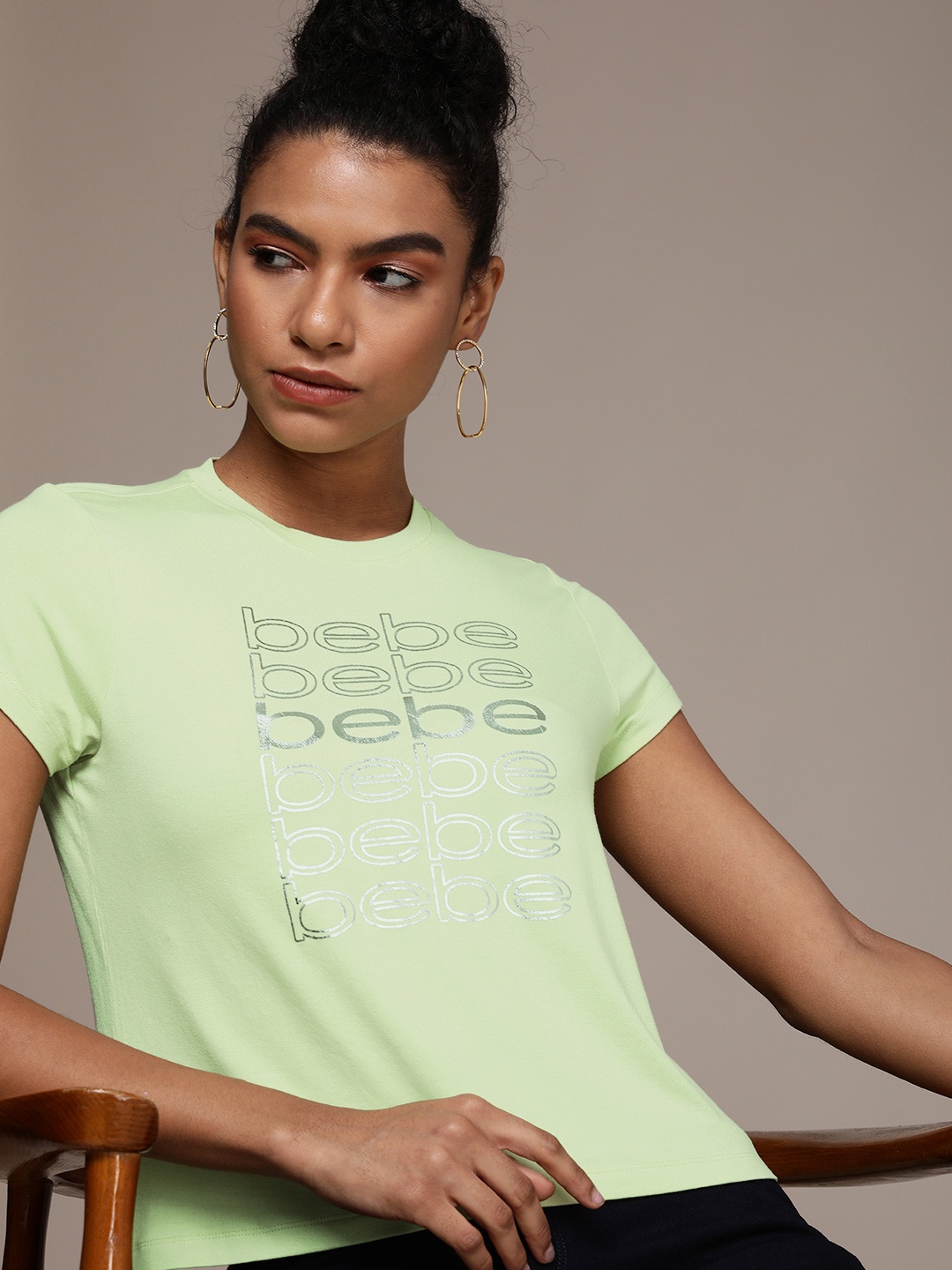 

bebe Women Lily Green Essential Brand Logo Printed Casual T-shirt, Fluorescent green