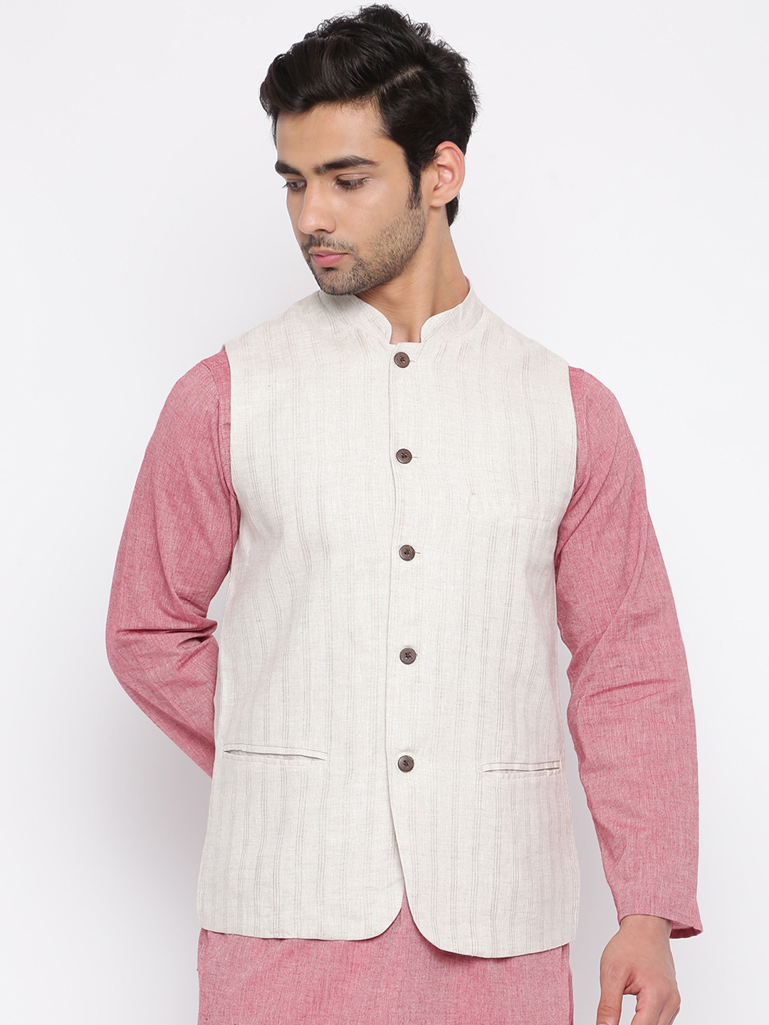 

Fabindia Men Off White Linen Dobby Weave Nehru Jacket