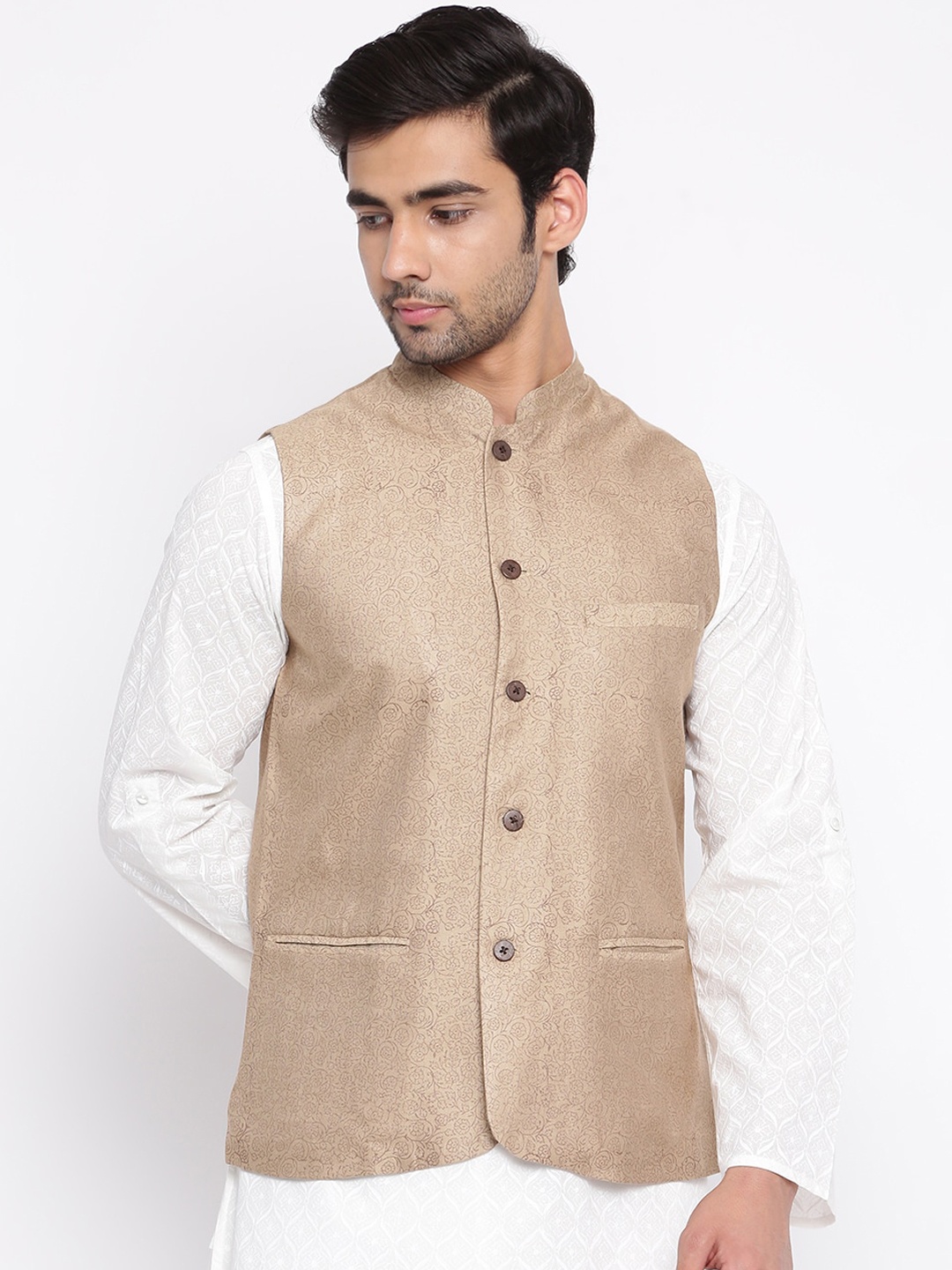 

Fabindia Men Beige Printed Woven Nehru Jacket