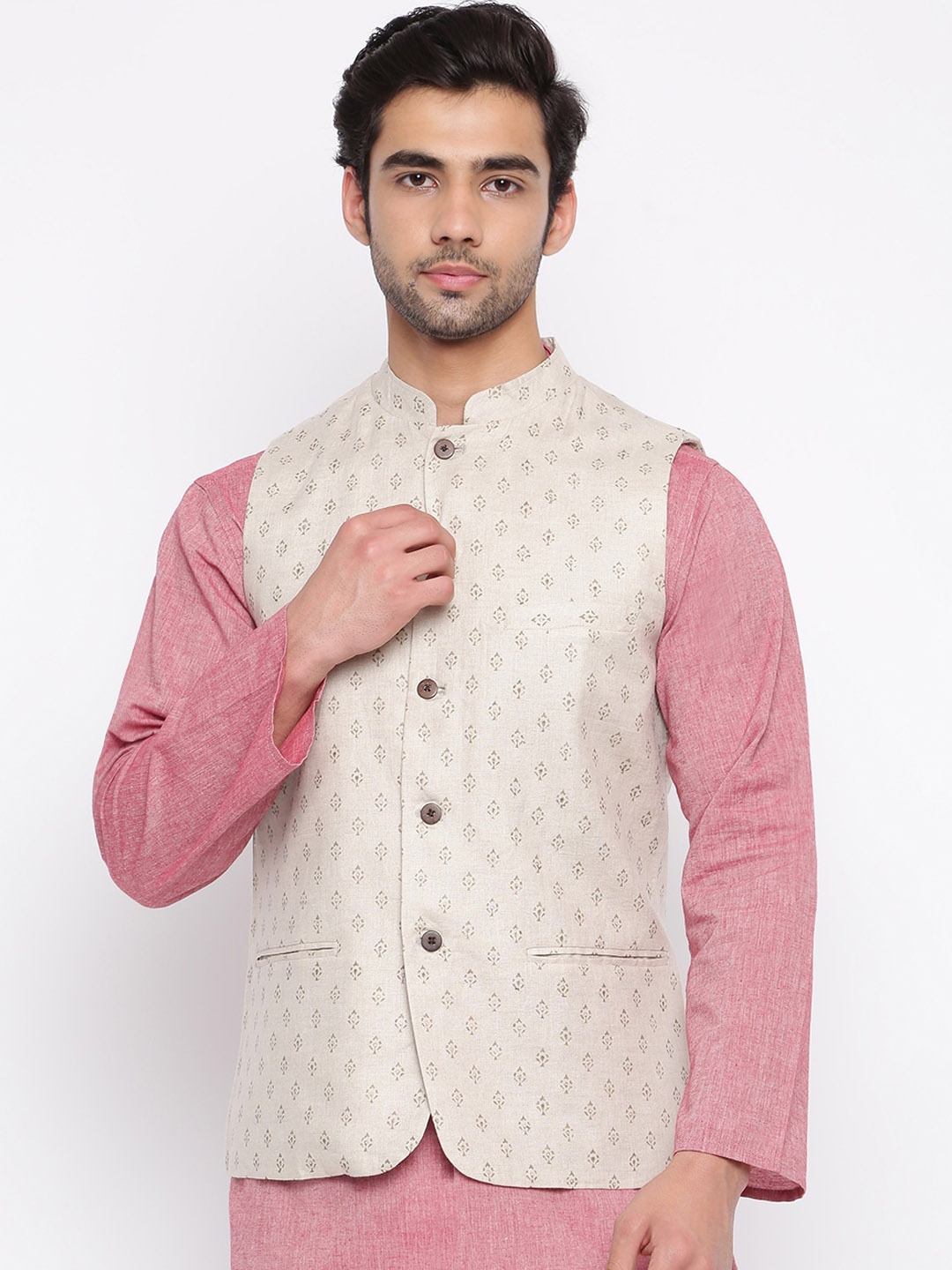 

Fabindia Men Beige & Grey Printed Linen Nehru Jacket