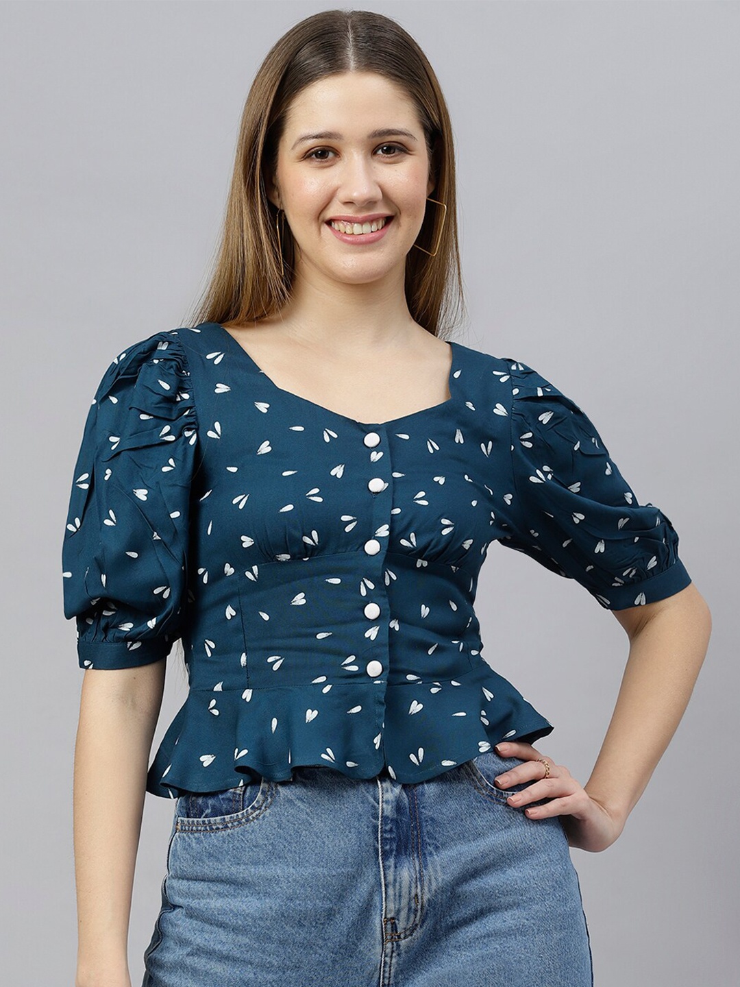 

FLAMBOYANT Blue Geometric Print Cinched Waist Top