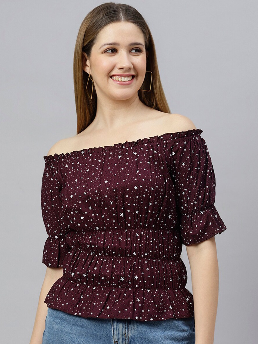 

FLAMBOYANT Burgundy & White Print Off-Shoulder Bardot Top