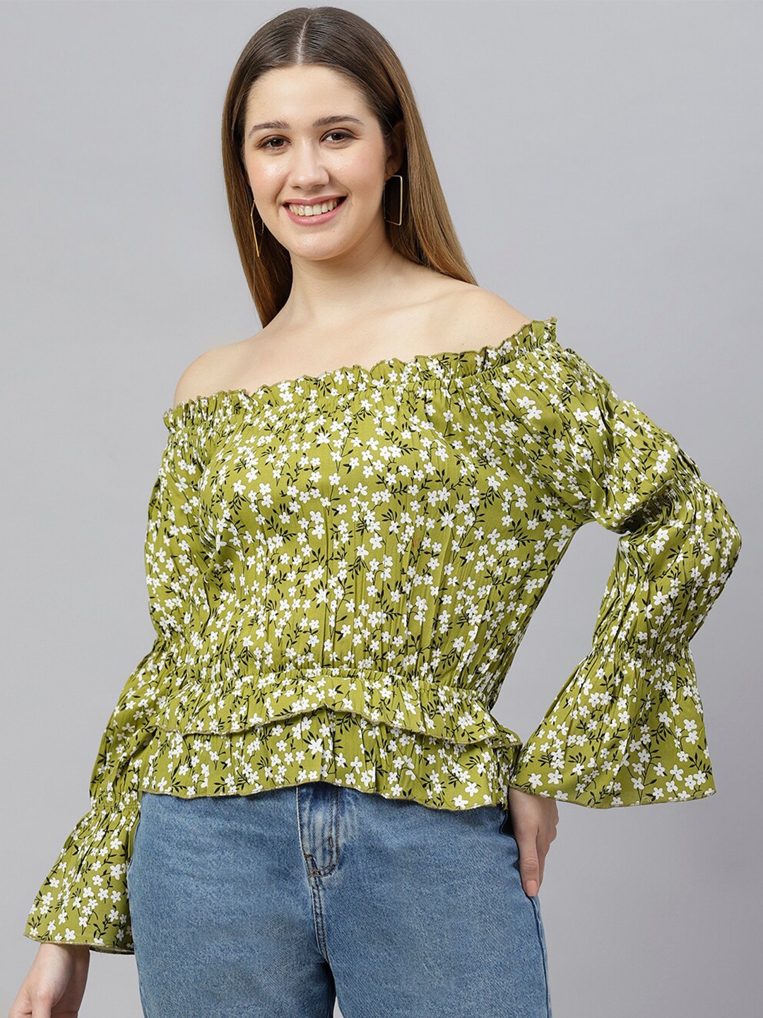 

FLAMBOYANT Women Green Floral Printed Off-Shoulder Bardot Top