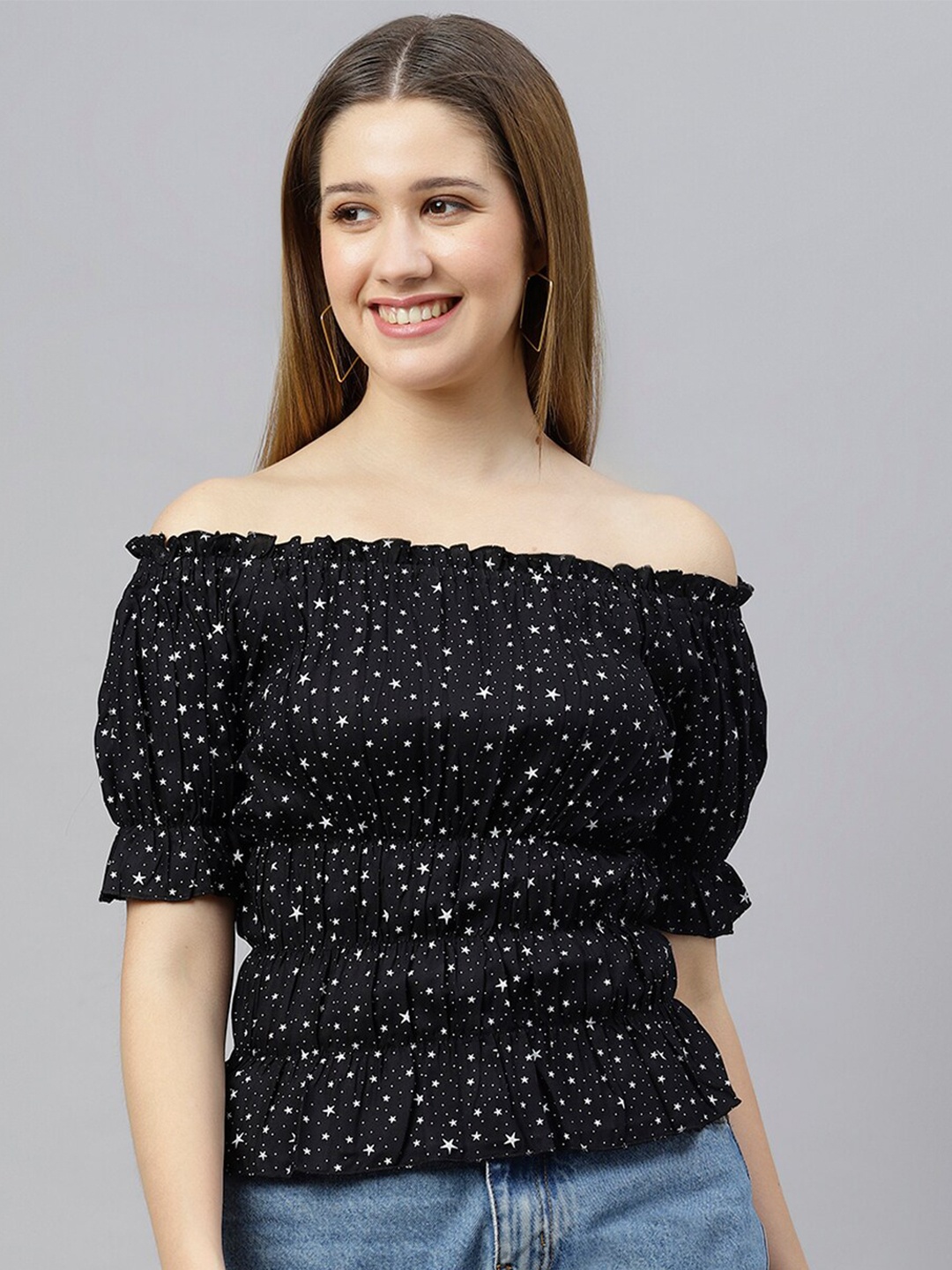 

FLAMBOYANT Women Black Print Off-Shoulder Bardot Top